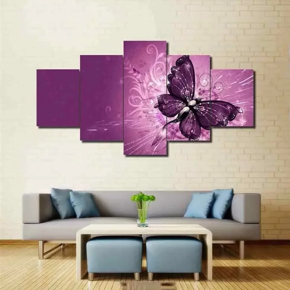 Frameless 5 Pieces Purple Pink Butterfly Home Decorations Modular Images Paintings on Canvas Printed Posters Wall Art for Living Room