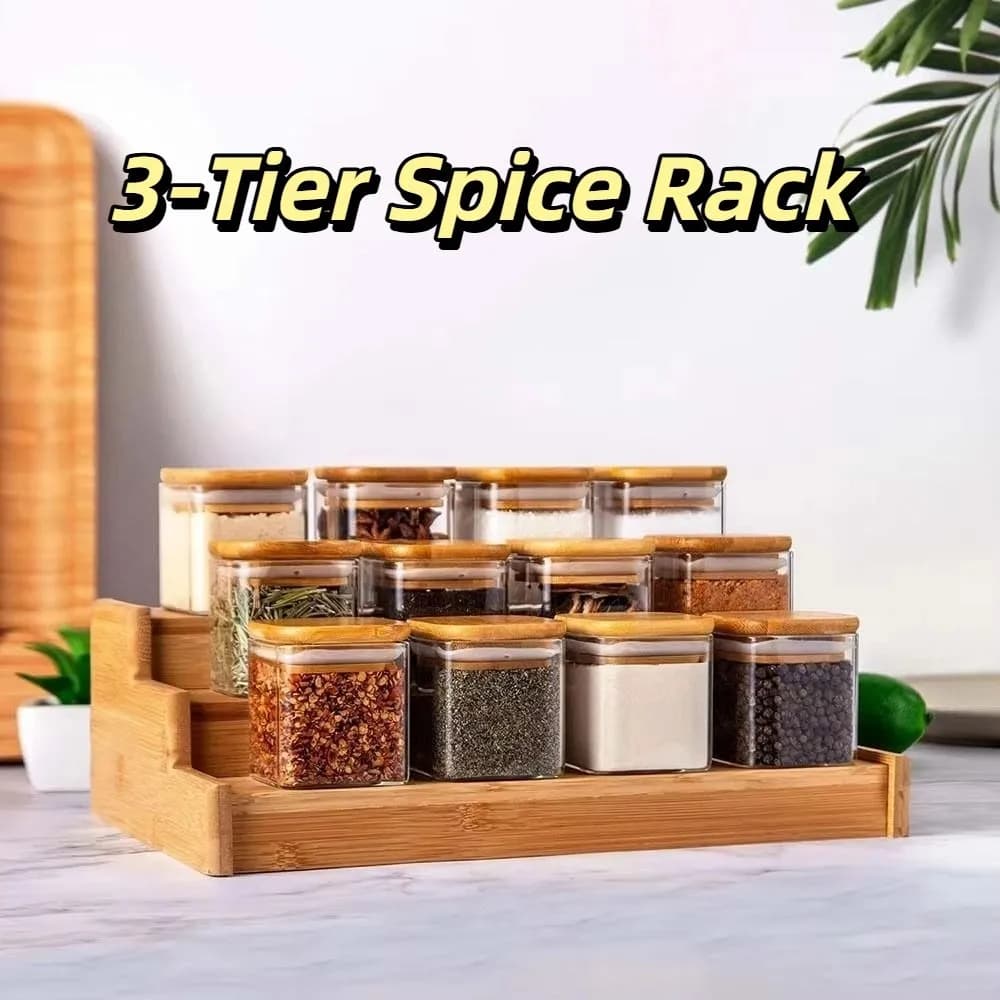 Portaspezie a 3 livelli in legno massello Set salvaspazio multistrato per barattoli di spezie Organizzatore di spezie da cucina per esposizione di spezie durevole