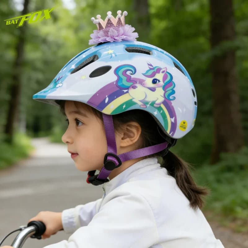 Casco da Bicicletta BATFOX per Bambini, Casco da Ciclismo Antiurto Traspirante con Design Unicorno Principessa per Bambine di 3-8 Anni