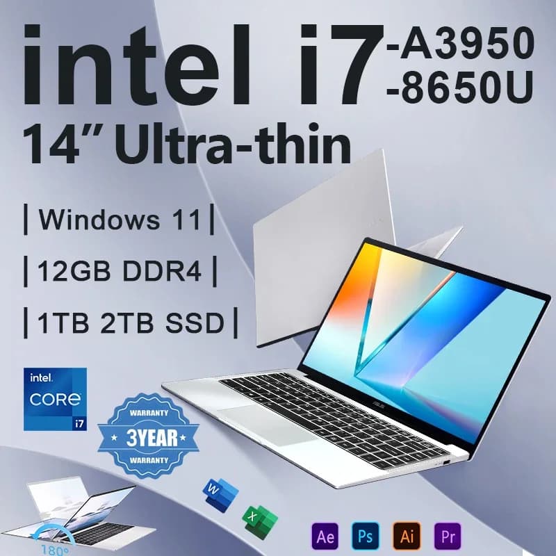 Office Laptop 2026 with Windows 11 Pro, Intel i7 8650U or Intel Atom A3950, 14.1 Inch Notebook, 12GB RAM, 1TB/2TB SSD, PC Gaming