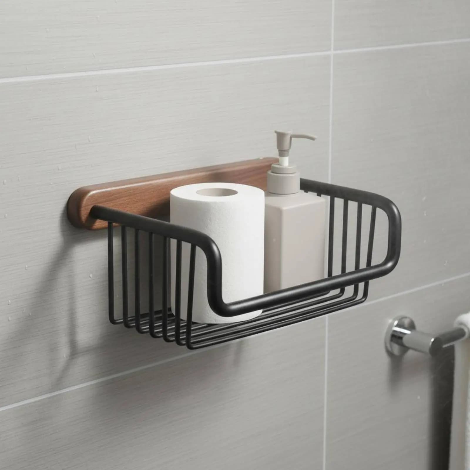 Portarotolo da parete in noce con montaggio adesivo, cestino portaoggetti in filo metallico in alluminio spaziale