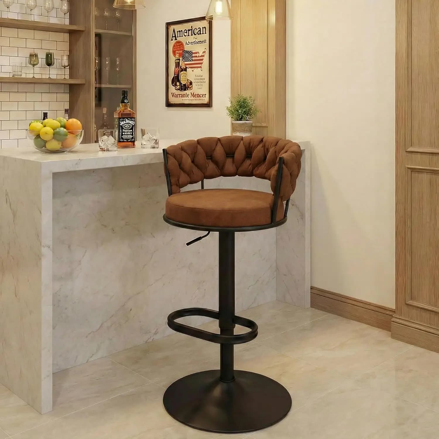 Sgabello da Bar Girevole Singolo, Sgabello da Bancone Regolabile in Altezza con Schienale Intrecciato, Gambe in Metallo e Ampio Poggiapiedi, Rivestimento in Tessuto
