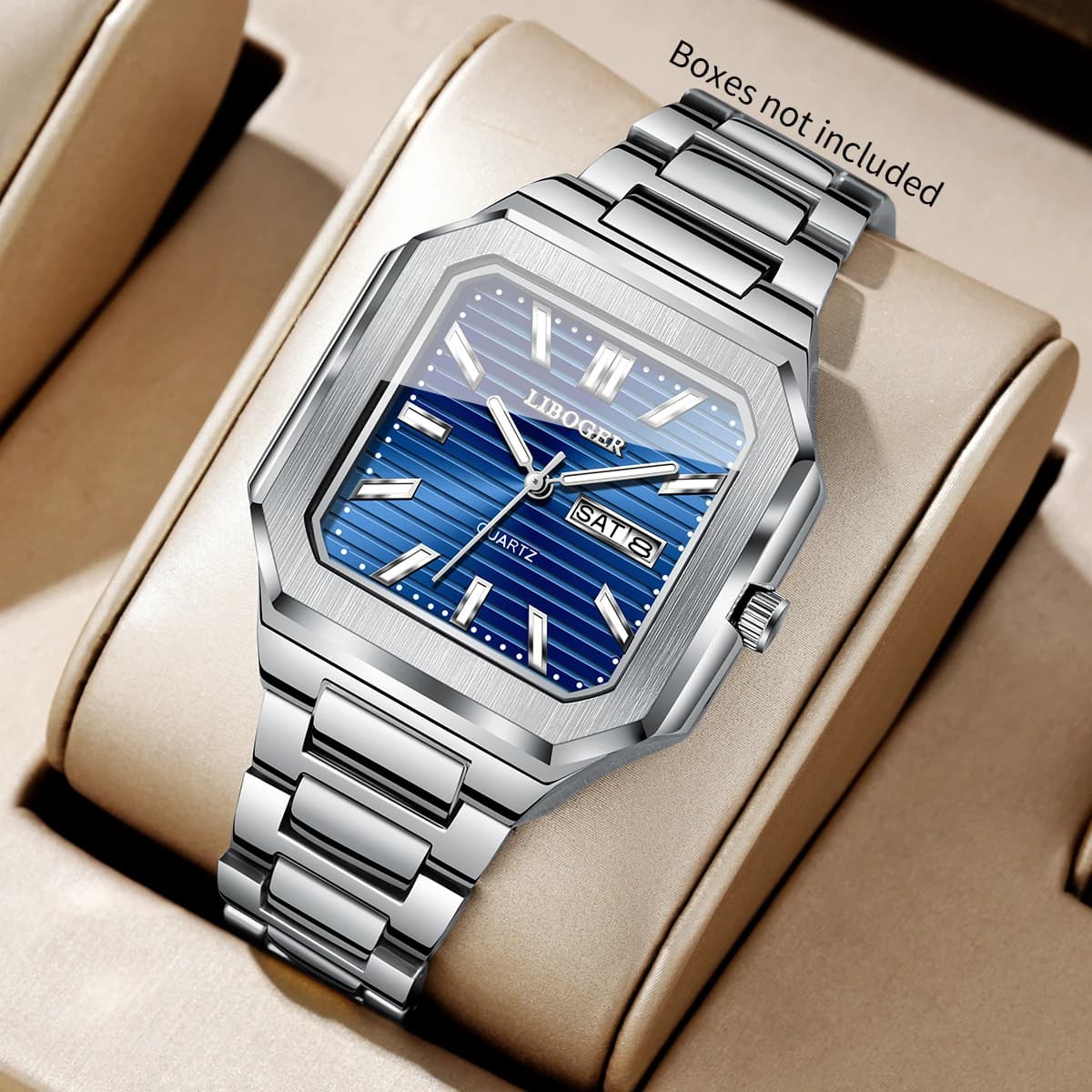 Fashion Square Men Date Display Business Quartz Watch Stainless Steel Strap Luxury Male Wristwatch Relogio Masculino（Without Box