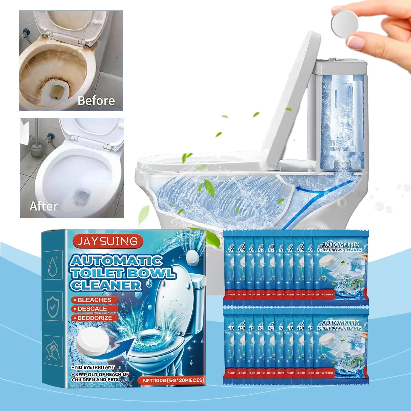 Jaysuing 20pz Pastiglie per la Pulizia del WC, Decalcificanti, Deodoranti, Rimuovi-Macchie e Odori di Urina, Decontaminanti per Serbatoio, per la Pulizia del Bagno