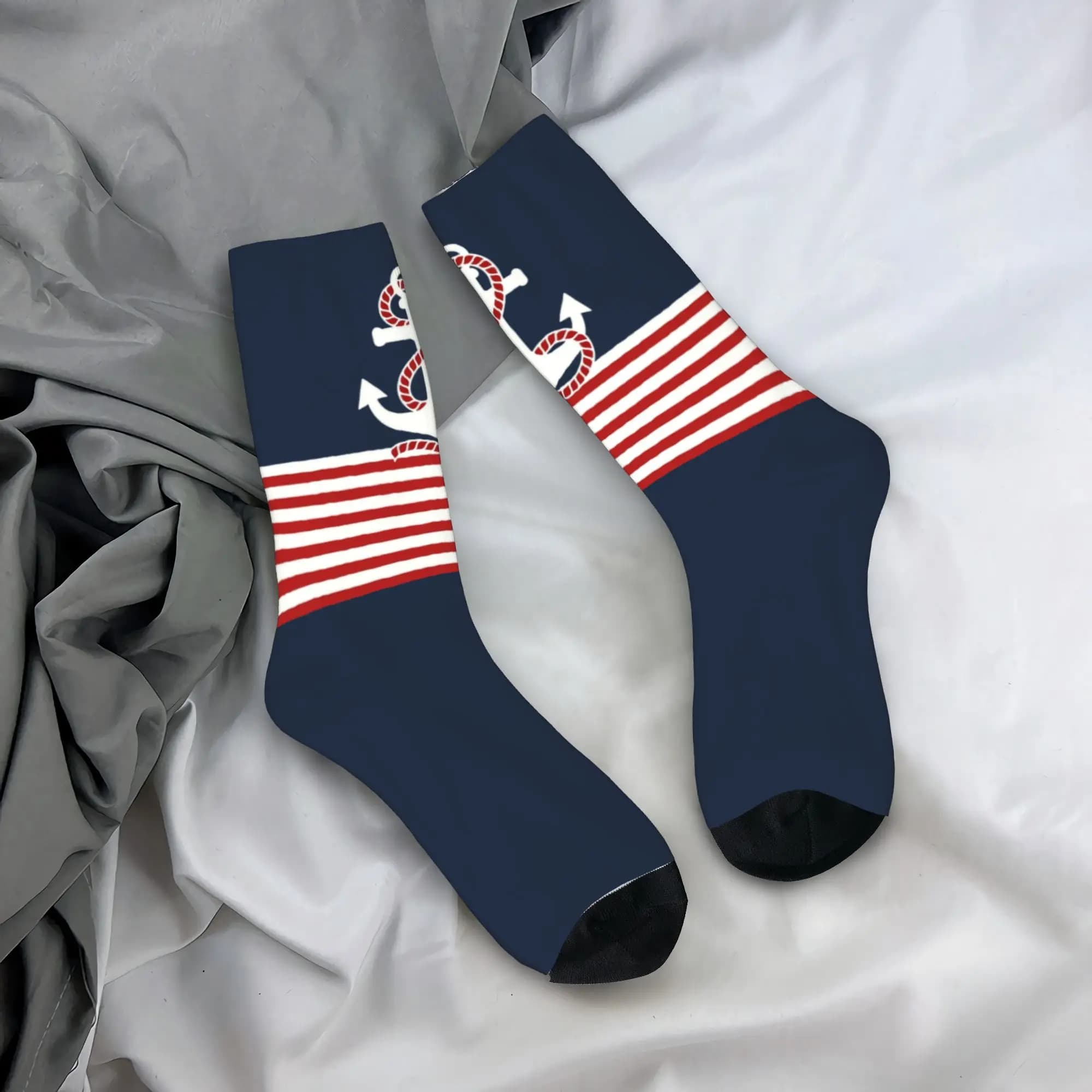 Calzini da Uomo Personalizzati con Strisce Blu Navy e Ancora Nautica, Unisex, Kawaii, per Primavera, Estate, Autunno e Inverno