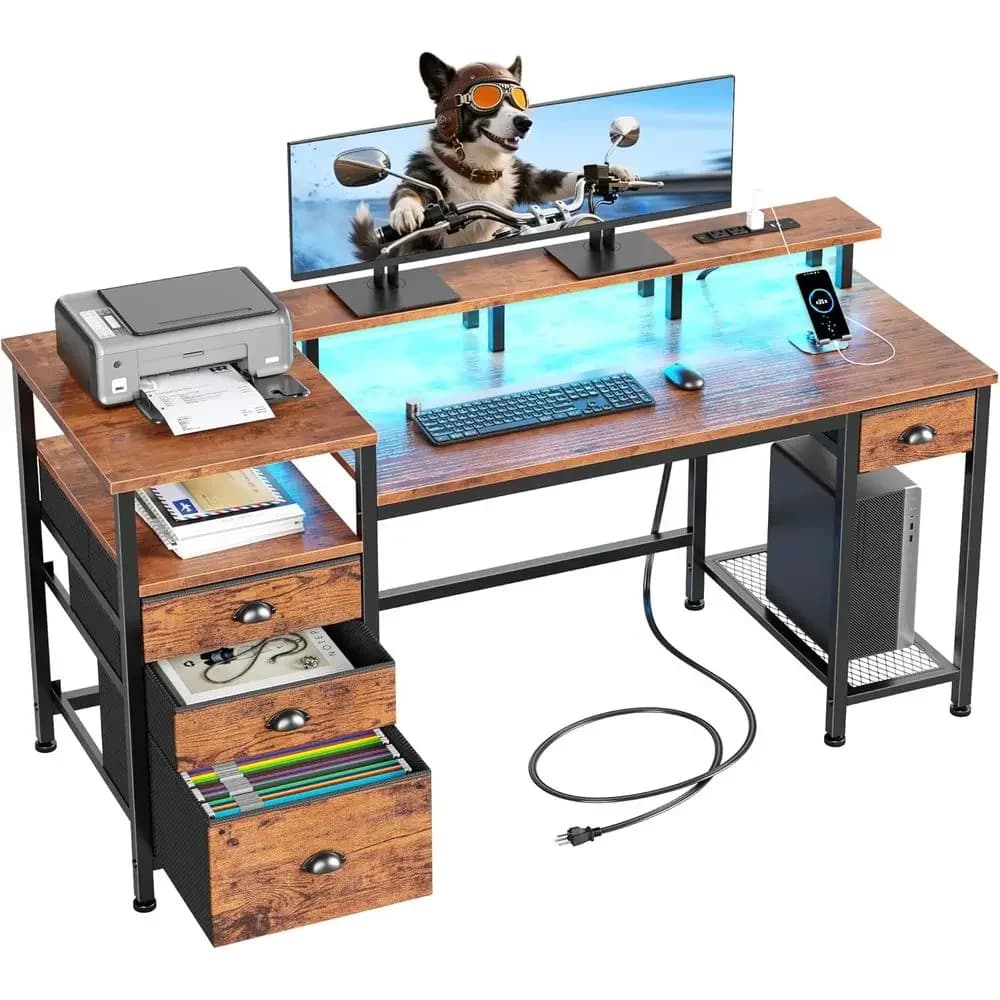 60 Rustic Brown Computer Desk with File Cabinet, Storage Shelves, Reversible Office Desk, LED Lights, Monitor Stand, Power Outle