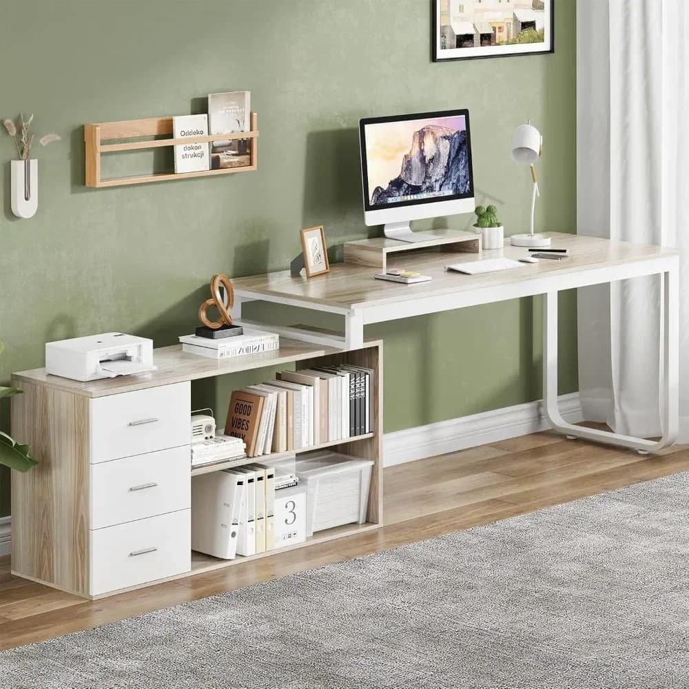 Scrivania angolare a L resistente con cassetti, scrivania da ufficio da 55 pollici con soluzioni di archiviazione e supporto per monitor rimovibile