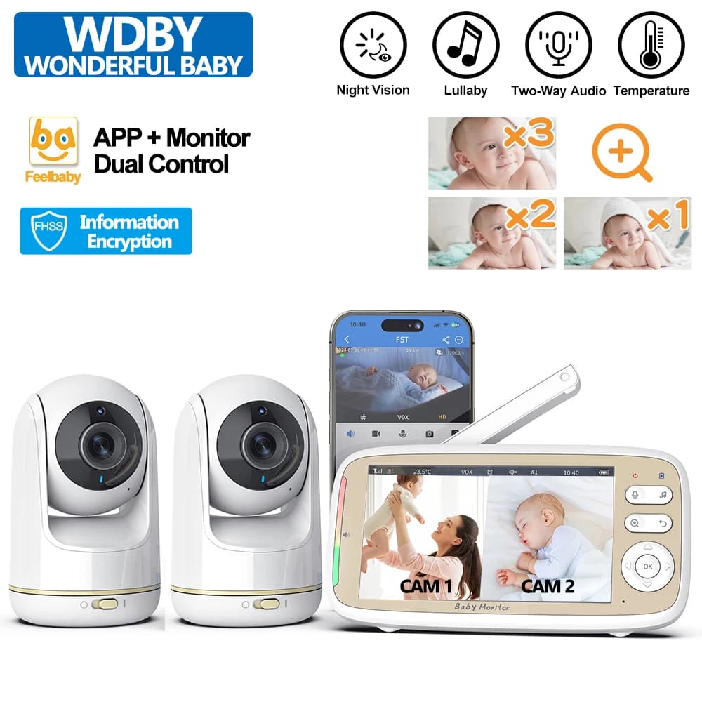 VB803 PRO Baby Monitor, with 2pcs zoom camera, two-way audio, HD 720P, double smart control for phone and monitor, temperature monitoring