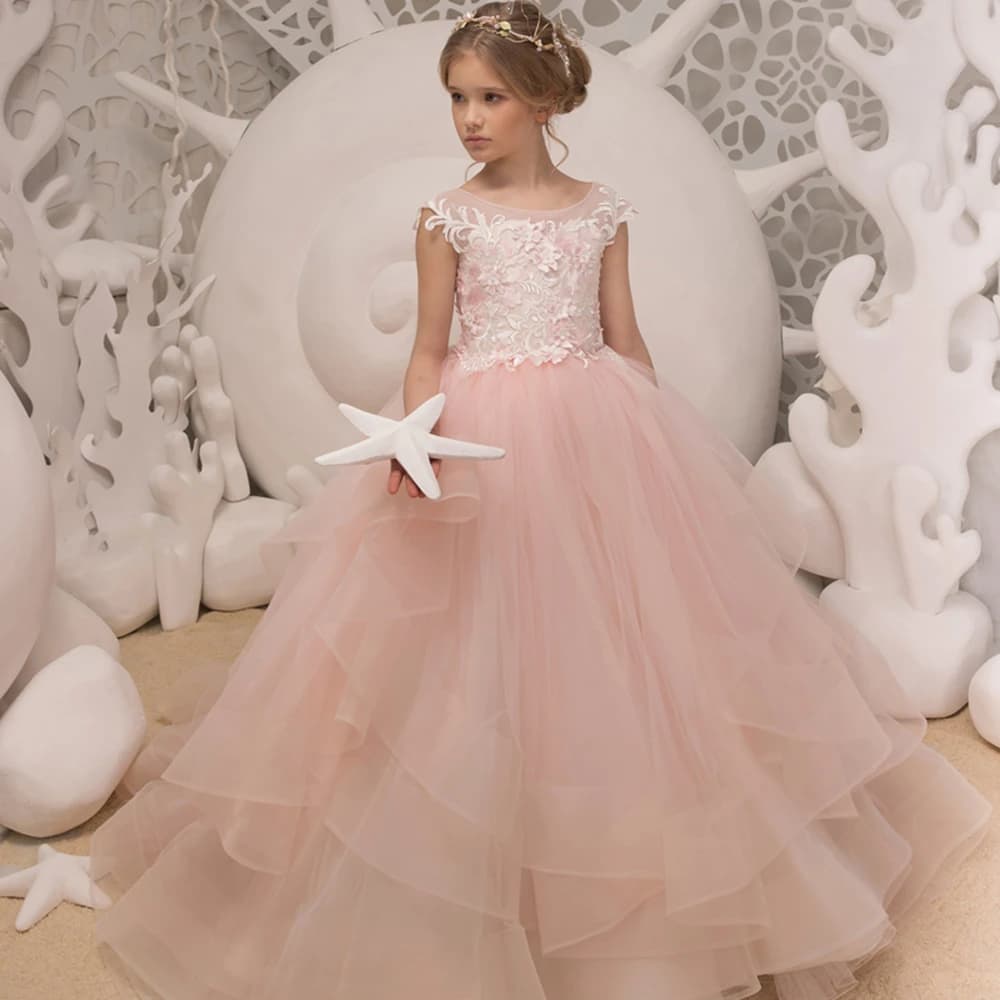 Abito da Damigella con Fiocchi in Raso e Piume, Vestito da Principessa per Compleanno, Abito Senza Schienale per Prima Comunione, Abiti da Festa Personalizzabili
