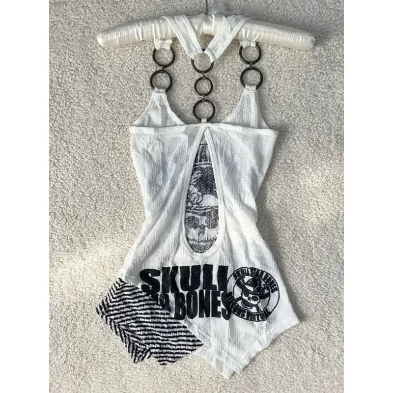 Top stampato con teschio punk donna estate Y2k estetica slim fit gilet senza maniche canotta giapponese senza schienale