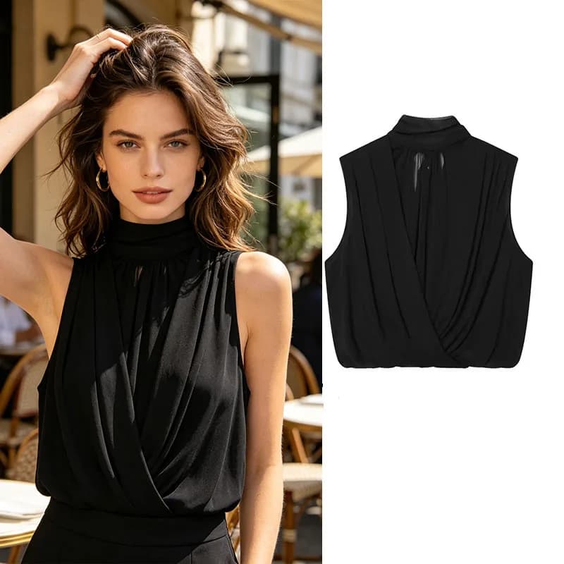 Black Draped Front Blouse Women Mock Neck Sleeveless Chiffon Wrap Front Evening Crop Top