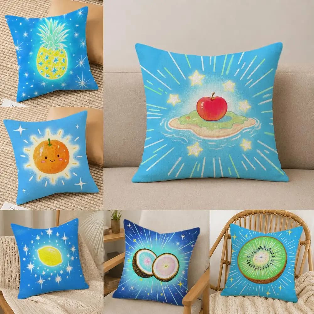 Art Glowing Fruits Cushion Cover Natural Linen Pillowcase Set, All-in-One Decor for Sofa, Bedroom & Chair
