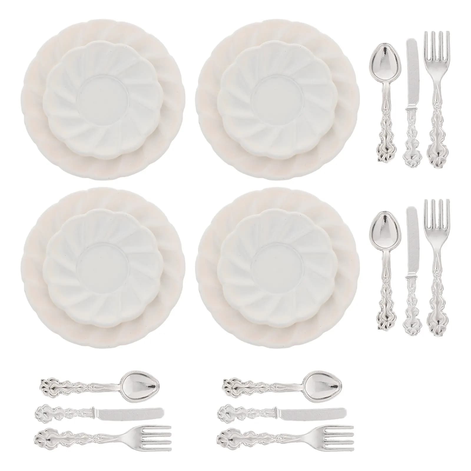 Set di Stoviglie in Miniatura Scala 1:12, Piatti, Forchette, Cucchiai e Coltelli in Lega, Accessori Realistici per Casa delle Bambole