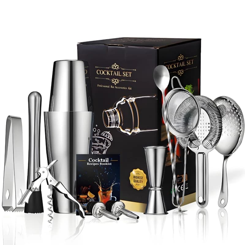 Set cocktail shaker bar: 2 shaker Boston ponderati, set colino da cocktail, jigger, trottomino e cucchiaio, pinza per ghiaccio e versatore da 6 bottiglie