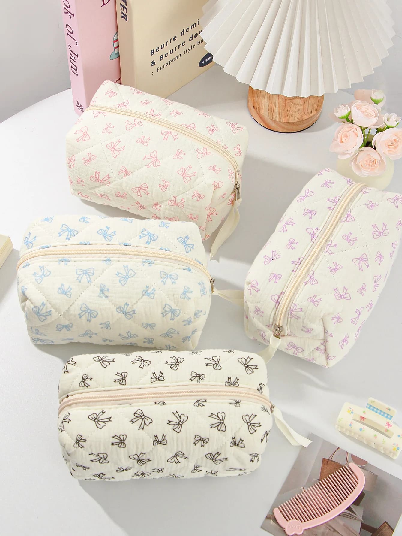 Astuccio con Fiocco, Borsa per il Trucco, Borsa da Viaggio per Cosmetici, Borsa con Cerniera in Tessuto di Grande Capacità, Borsa Portatile per il Trucco
