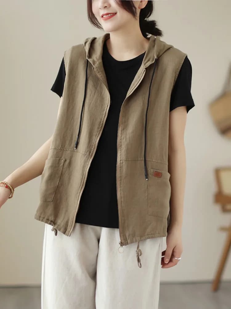 Ladies Summer Cotton Linen Hooded Open Cardigan Vest Small Jacket Zipper Design Regular Length Pure Color Commute Style