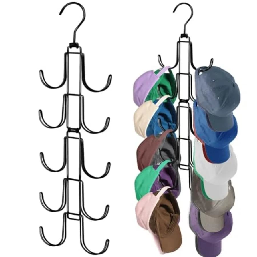 Organizzatore per cappelli da armadio, porta cappellini pieghevole con 10 ganci grandi girevoli, contiene fino a 40 cappellini da baseball, in metallo salvaspazio