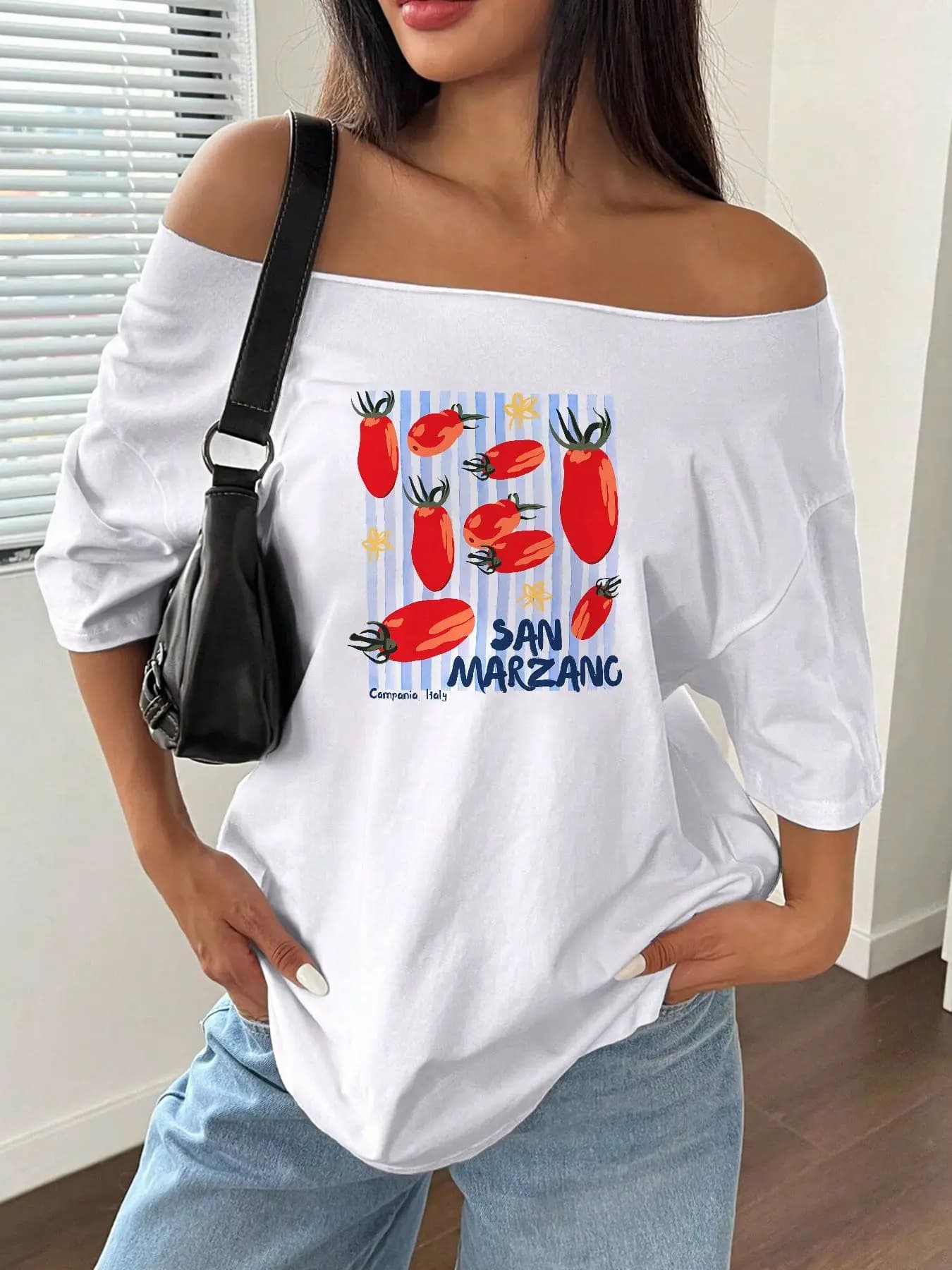 100% Cotton Plus Size San Marzano Tomato Print Shoulder Loose Print T-Shirt Oversized Y2K Style Graphic Tees Women Tops Summe