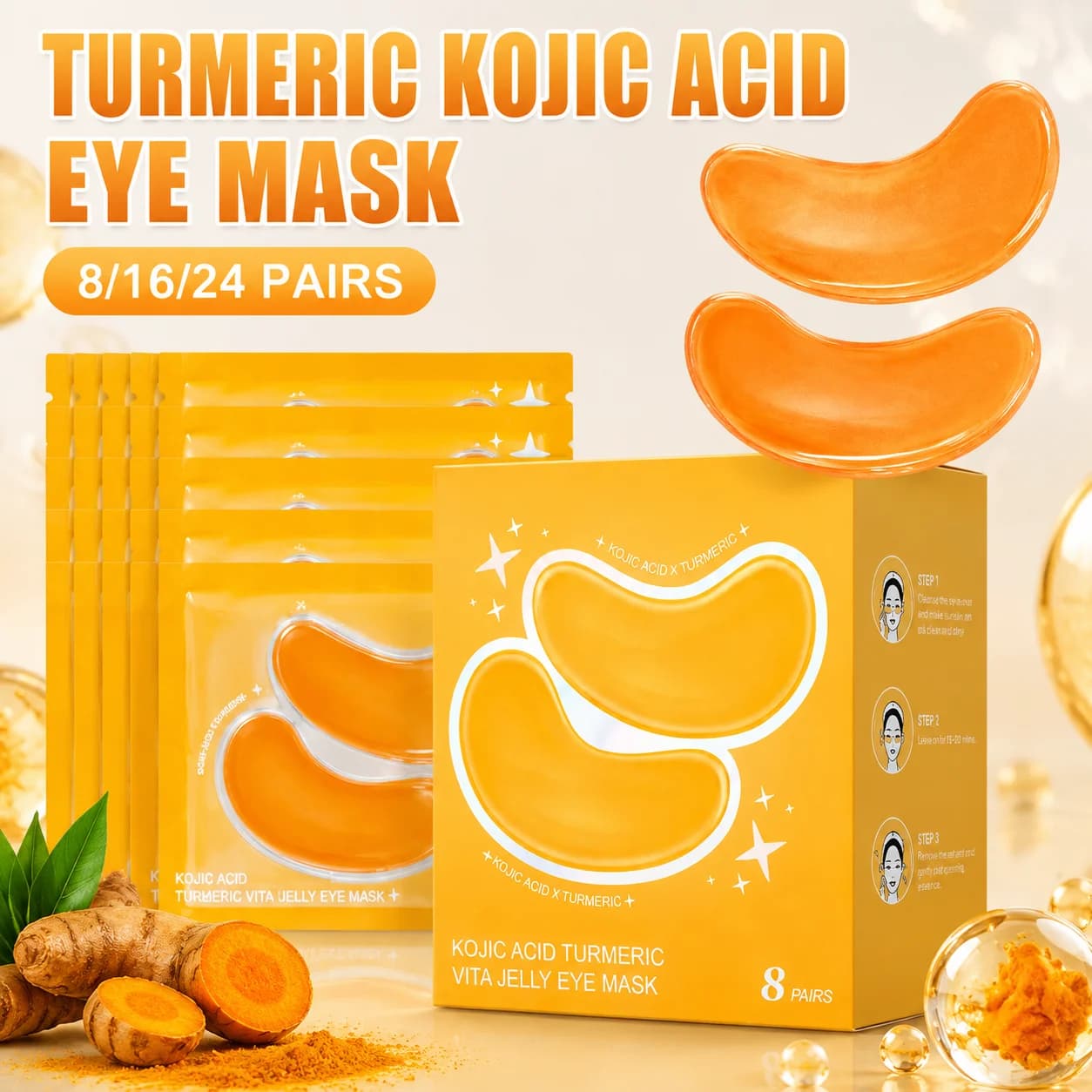 Turmeric Kojic Acid Eye Mask Hydrating Collagen Jelly Eye Patches Moisturizing Smooth Brightening Reduce Fine Lines Daily Care