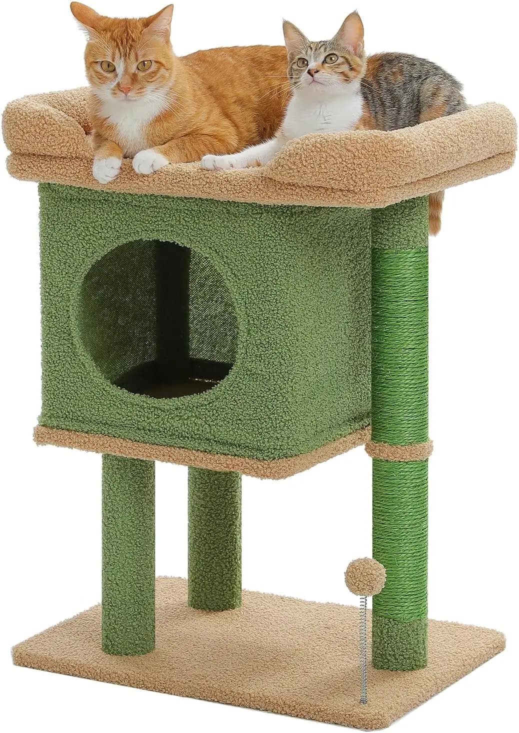 Torre per Gatti a Forma di Cactus da 26 Pollici con Ampia Piattaforma, Cuccia Privata, Tiragraffi e Palla a Molla per Gatti da Interno