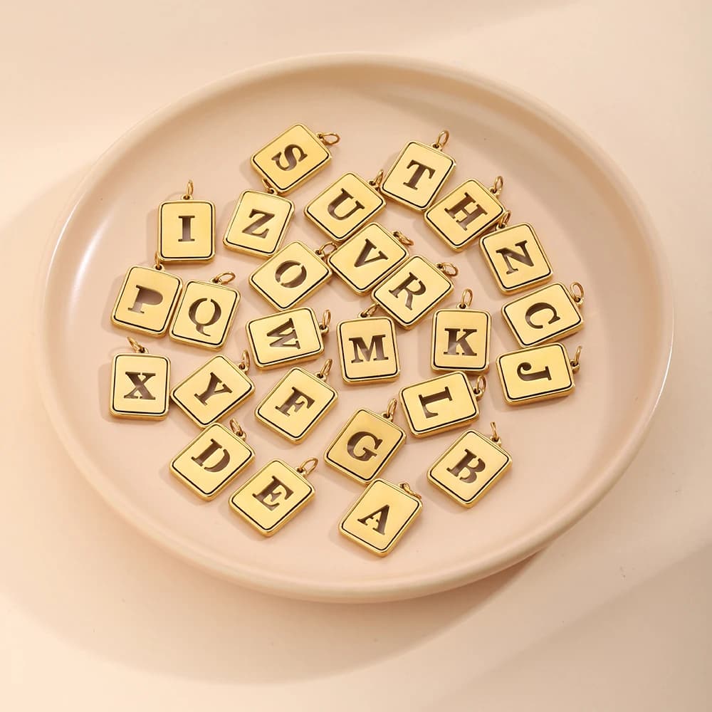 Trendy Stainless Steel Gold Plated A-Z Letter Alphabet Pendant Necklace DIY Square Hollow No Fade Accessories Initial Charm