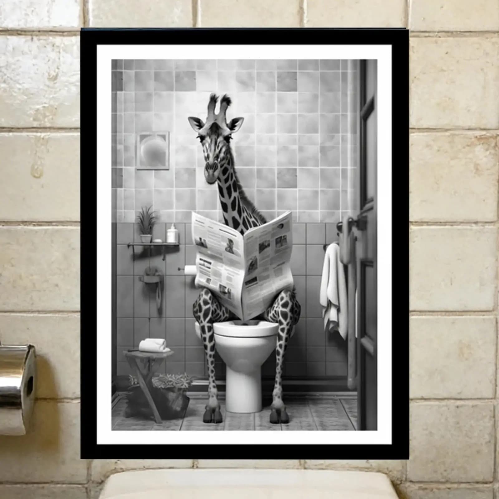 Divertente Quadro su Tela con Giraffa che Legge il Giornale, Arte Murale in Bianco e Nero per Bagno, Poster Umoristico per Casa, Toilette, Hotel