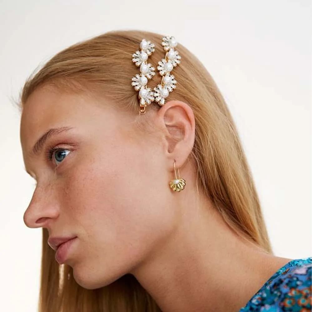 French Petal Pearl Hair Clip Elegant High-End Rhinestone Bangs Clip Daily Commute Accessory Headwear