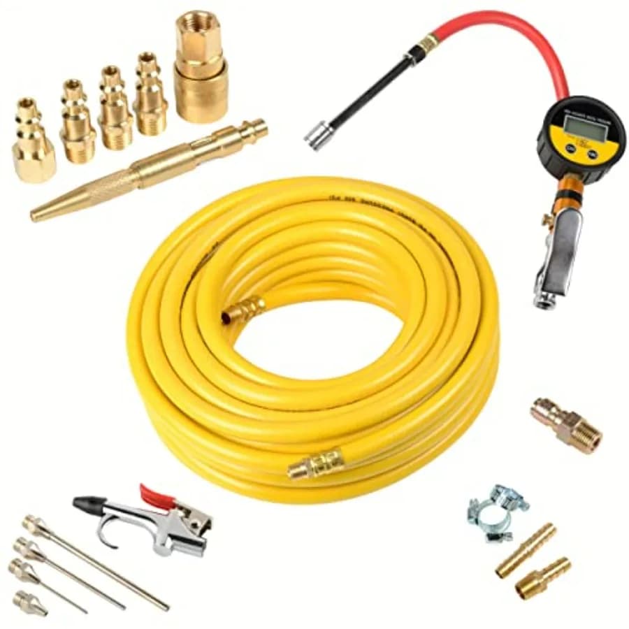 Kit Combinato di Accessori per Utensili Pneumatici da 19 Pezzi per Uso Automobilistico con Tubo dell'Aria da 50' x 3/8, Set di Raccordi in Ottone, Manometro Digitale per Pneumatici e Kit di Riparazione