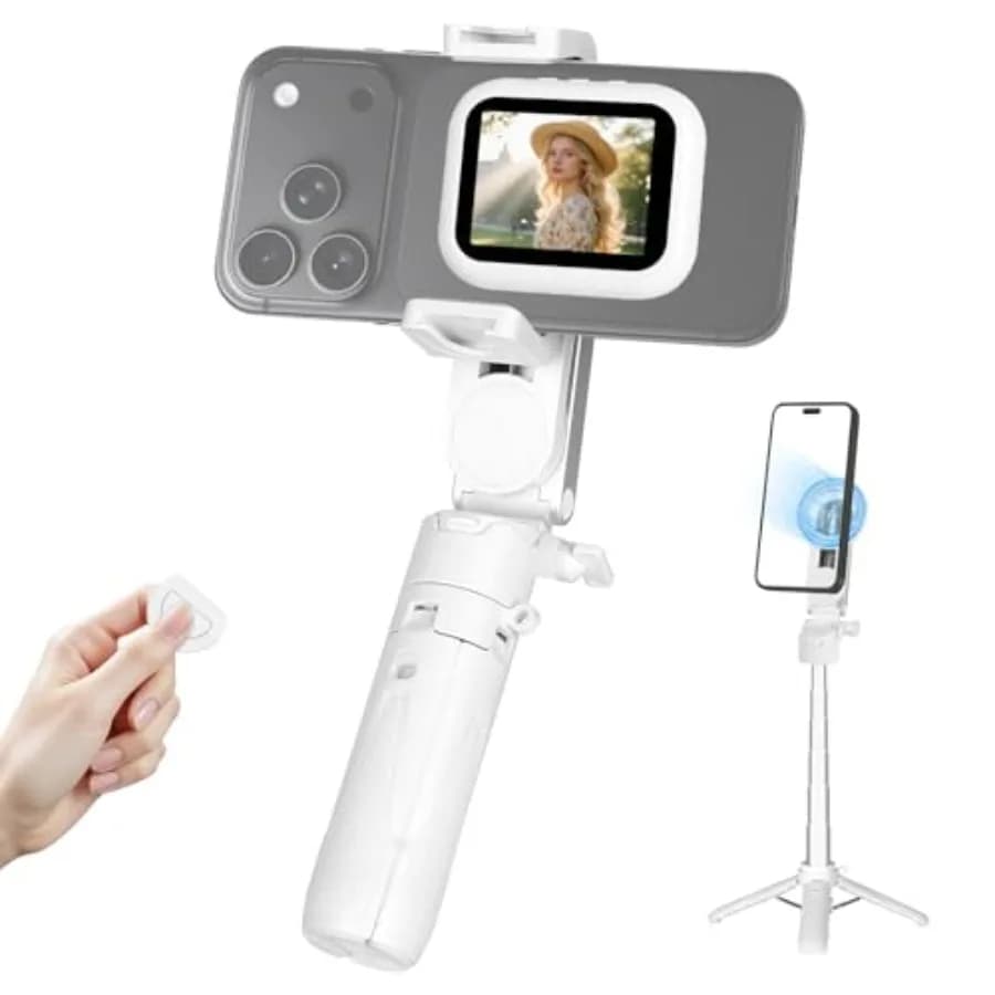 Kit per vlogging per iPhone e Android: treppiede magnetico in alluminio con monitor per selfie, supporto girevole a 360° nero e wireless