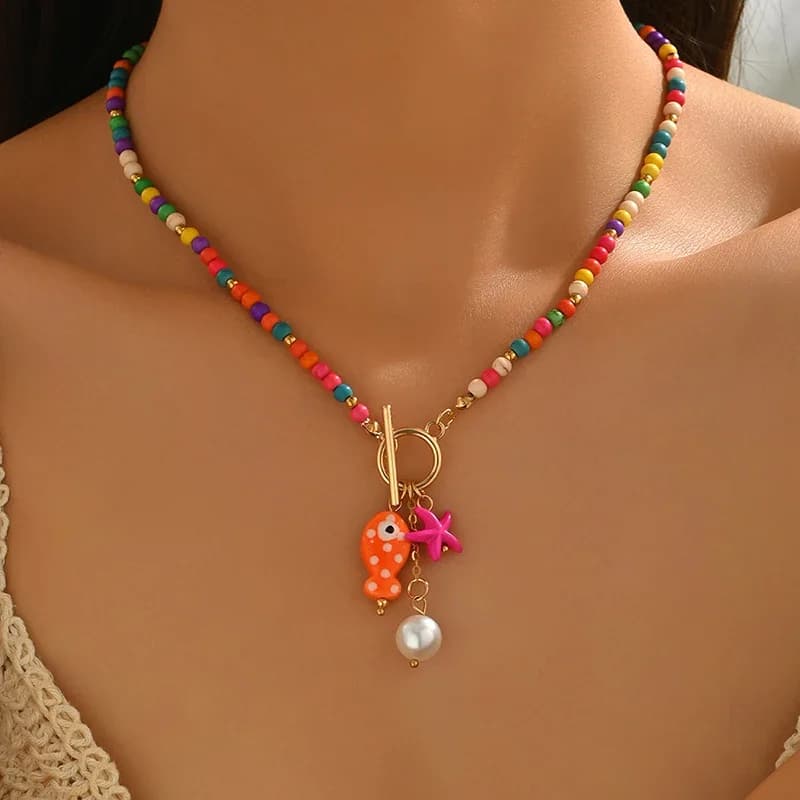 Bohemia Colorful Ceramic Fish Pendant Necklace for Women Handmade Beaded Pearl Starfish Necklace Summer Vacation Jewelry