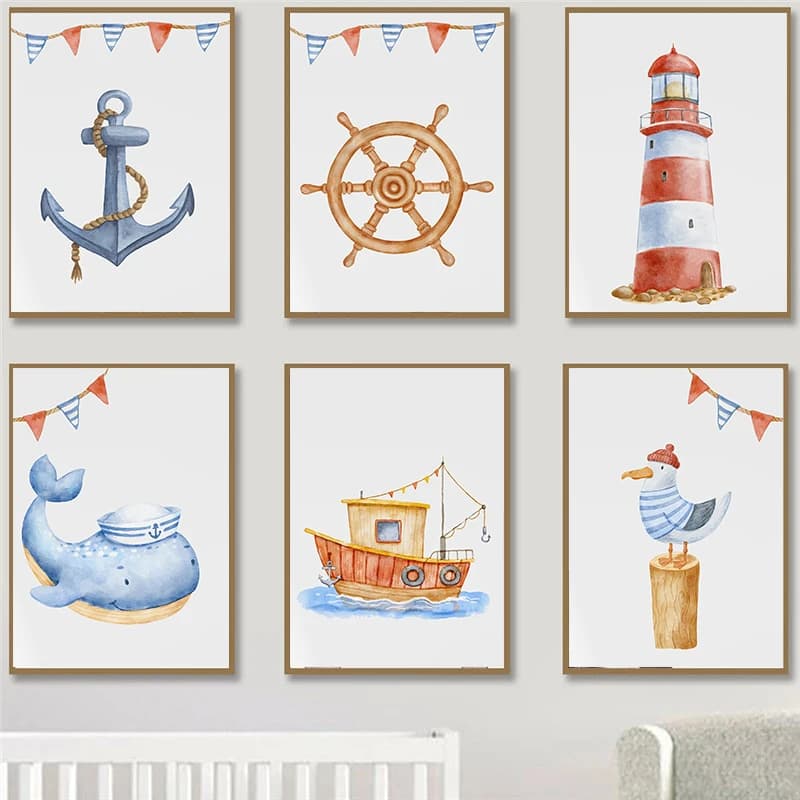 Poster e Stampe con Ancora, Faro e Nave in Stile Nautico ad Acquerello, Pittura Diamantata per Decorazione Camera da Ragazzo
