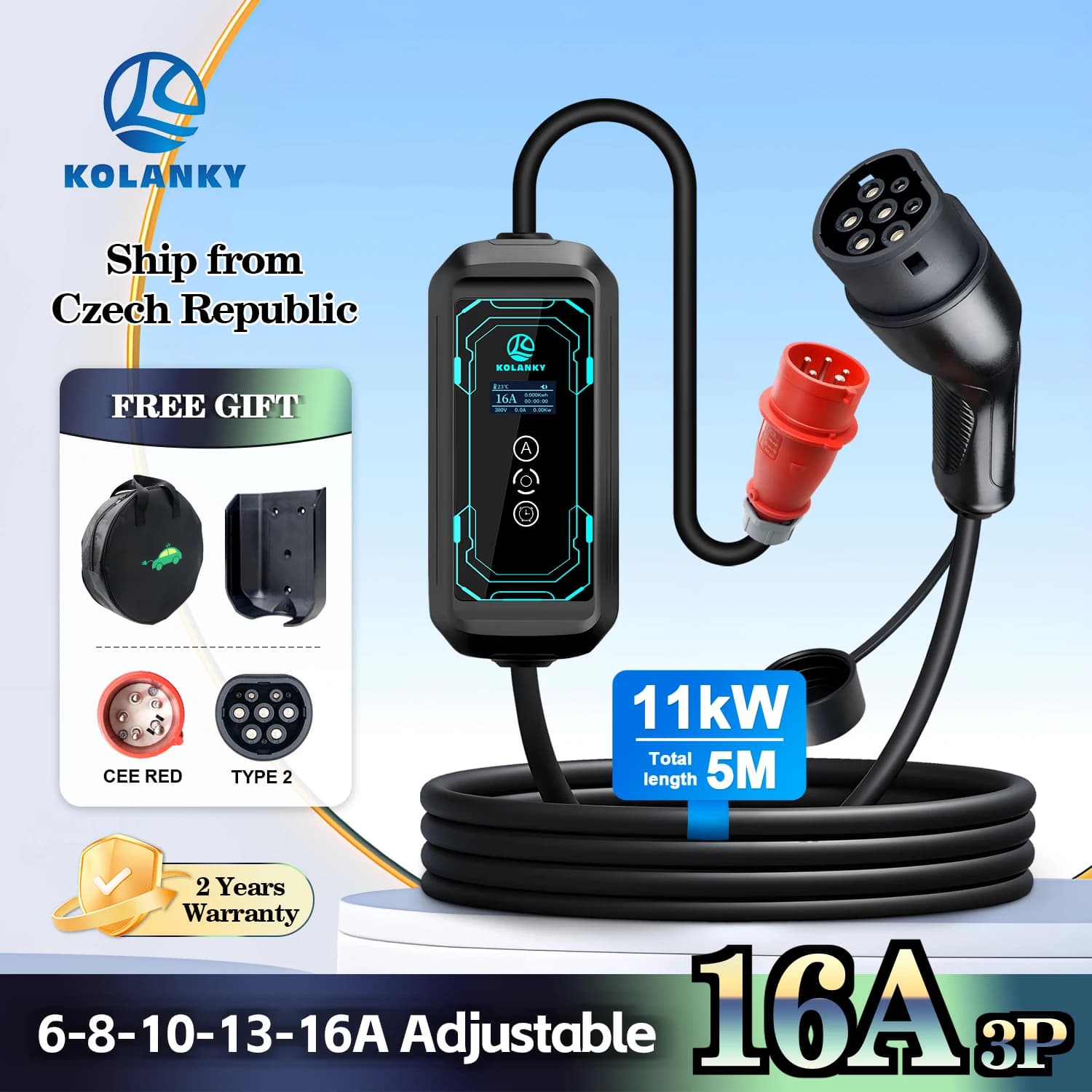 Charger EV Portable Kolanky 16A 11KW Type 2 Wallbox for Home Charging with Pool Time 1-15 Hours for Electric Cars 5M
