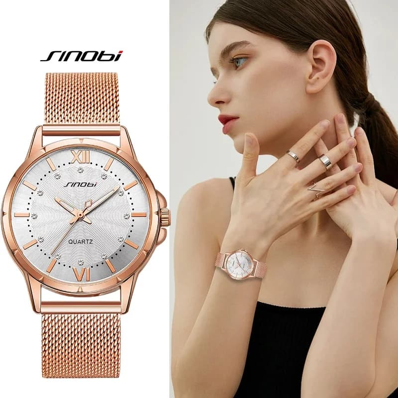 SINOBI Luxury Elegant Women Quartz Watch 37mm Dial Classic Rosegold/Silver Diamond Ladies orologio da polso in acciaio inossidabile per Femme