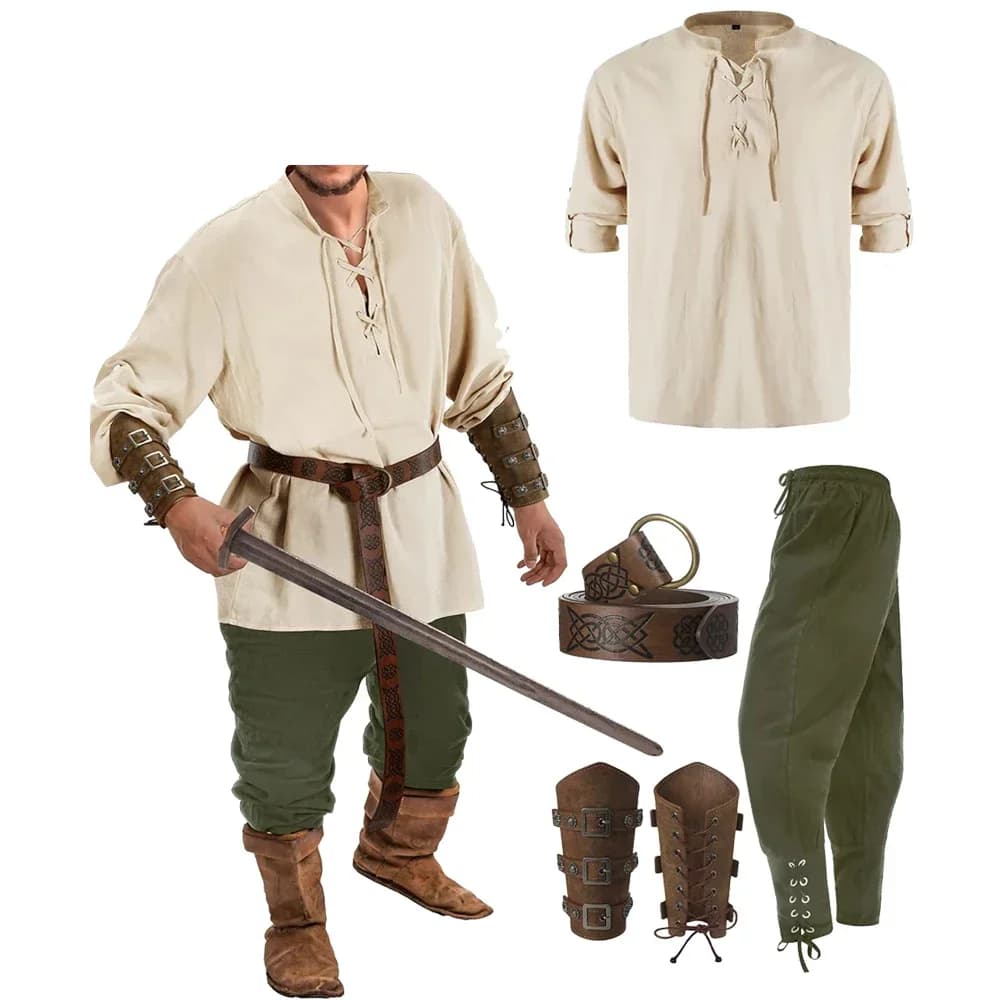4 Pieces Halloween Party Dresses Renaissance Men's Medieval Viking Pirate Shirt Cosplay Pants With Ankle Strap Accessories