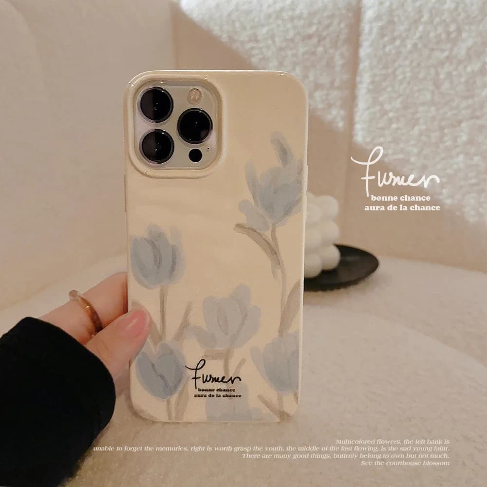 Custodia Morbida Antiurto per iPhone 17 Air 16 15 14 13 12 11 Pro Max XS XR X Plus con Motivo Floreale Tulipano Blu Stile Pittura a Olio Coreana
