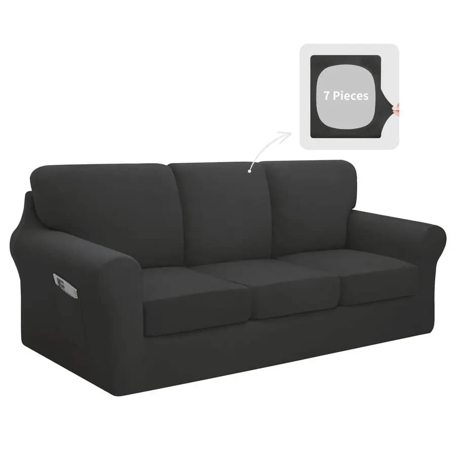 Set of 7 Pieces Cover Elasticized 3 Seat Sofa Washable with Back and cushions, Anti-Slip Cover for Furniture