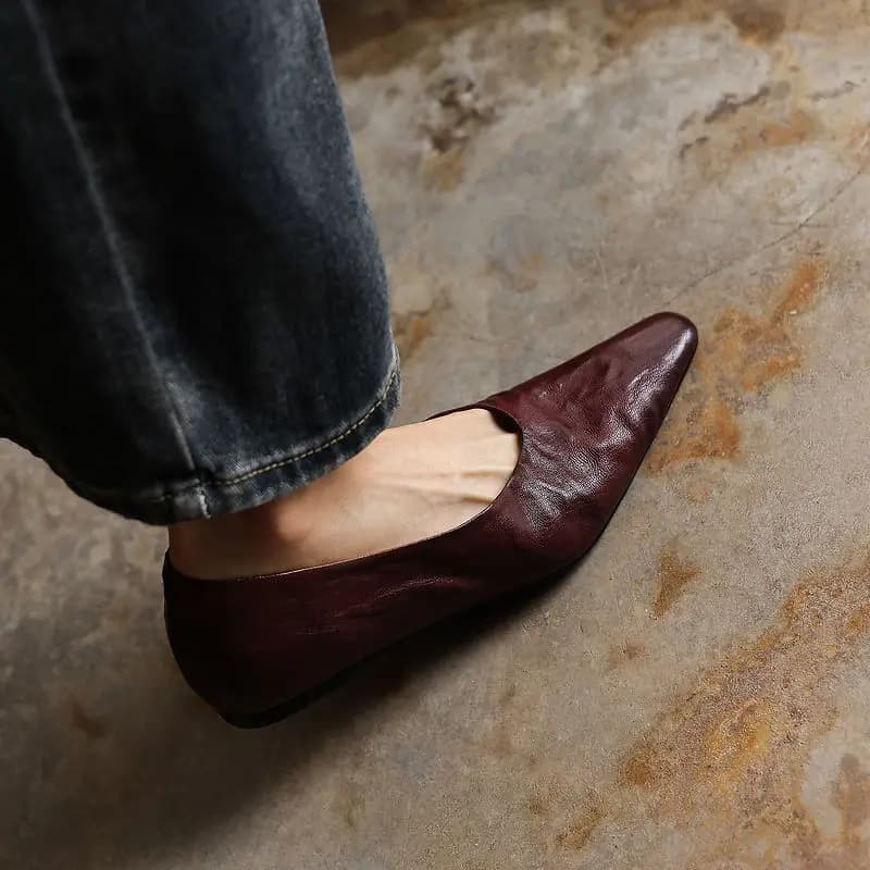Genuine Leather Women Pumps Square Toe Sheepskin Hidden Square Heel Slip on Shoes Spring Autumn Vintage Dress Shoes Plus Size 42