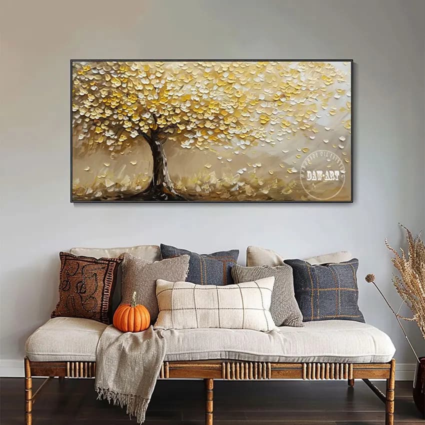 Art wall with tree structured in gold foil, frameless, oil painting with abstract acrylic knife, image on landscape canvas, home decoration articles