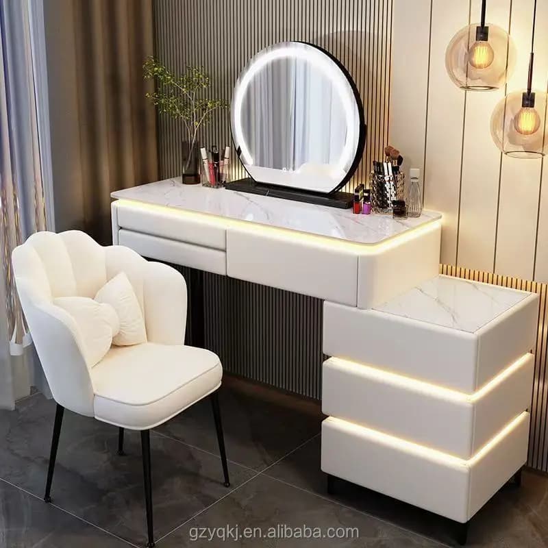 Moderna Toeletta con Pannello in Legno Illuminato a LED e Specchio con Luci Laterali, Nuovo Arredo Camera da Letto per Casa, Hotel e Bagno