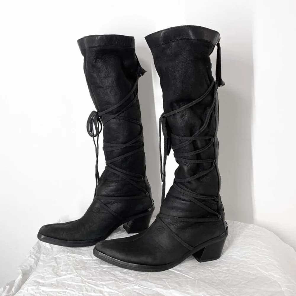 Fashion Women Cross Leather Tied Knee High Boots Round Toe Chunky Heels Solid Retro Zipper Closure Dark Knight Boots Western