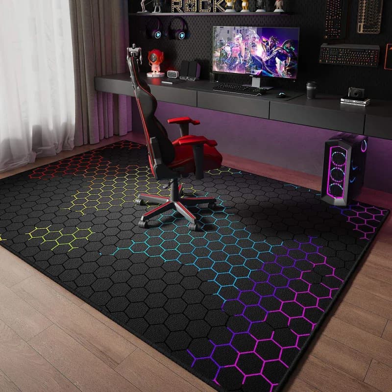 VIKAMA Neon Hexagon Grid Gaming Area Rug Non Slip Large Floor Mat Anti Noise Chair Friendly E Sports Game Room Decor Carpet