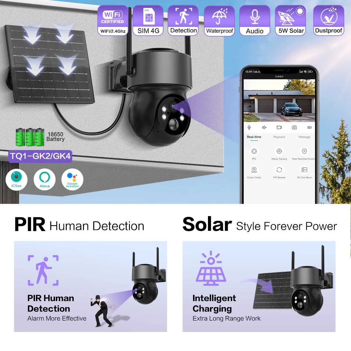 Telecamera IP Dome PTZ Wireless 4MP 1440p con APP iCsee, Alimentazione Solare 10X, Visione Notturna a Colori, Rilevamento Umanoide AI, Monitoraggio Bambini CCTV