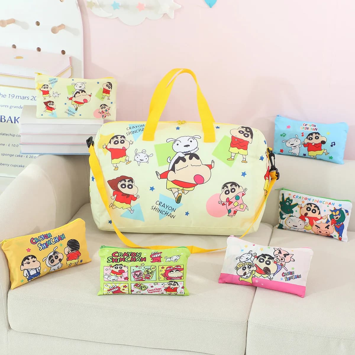 Crayon Shin-chan Cute Large Capacity Travel Bag Foldable Portable Clothing Storage Canvas Shoulder Crossbody Bag Luggage Handbag