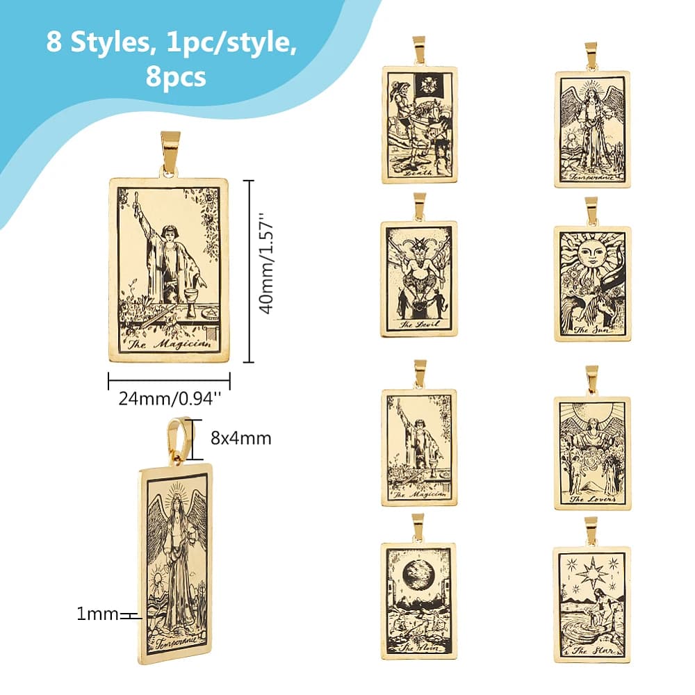 8Pcs 8 Styles 201 Stainless Steel Pendants Laser Engraved Pattern Tarot Card Pendants Golden 40x24x1mm Hole: 8x4mm 1pc/style