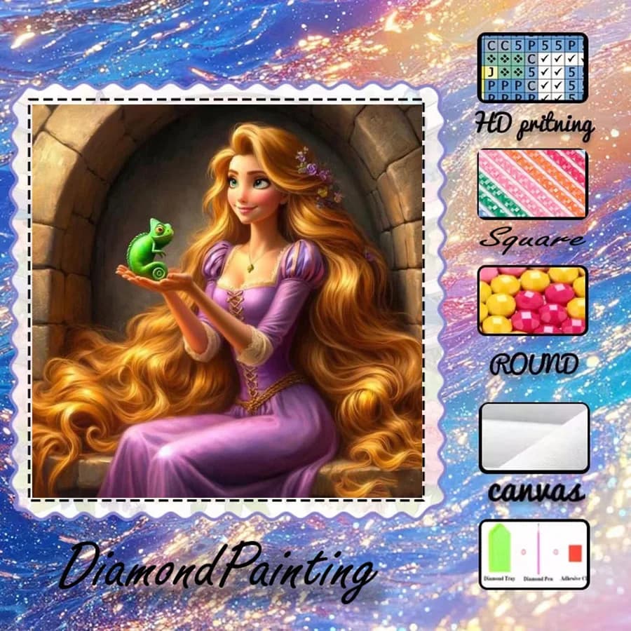 1 pezzo - 5D-DIY - Tessuto floccato - Trapano speciale - Set per pittura con diamanti - Capelli lunghi, principessa - Mosaico - Arte con diamanti