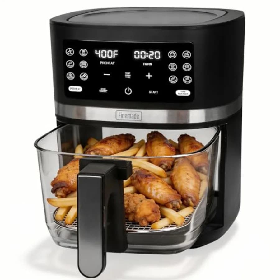 Friggitrice ad Aria in Vetro 12-in-1, Non Tossica, 4,5 Quarti, Cestello in Vetro Lavabile in Lavastoviglie, Programmabile in Temperatura e Tempo, Senza PFOA e PFAS