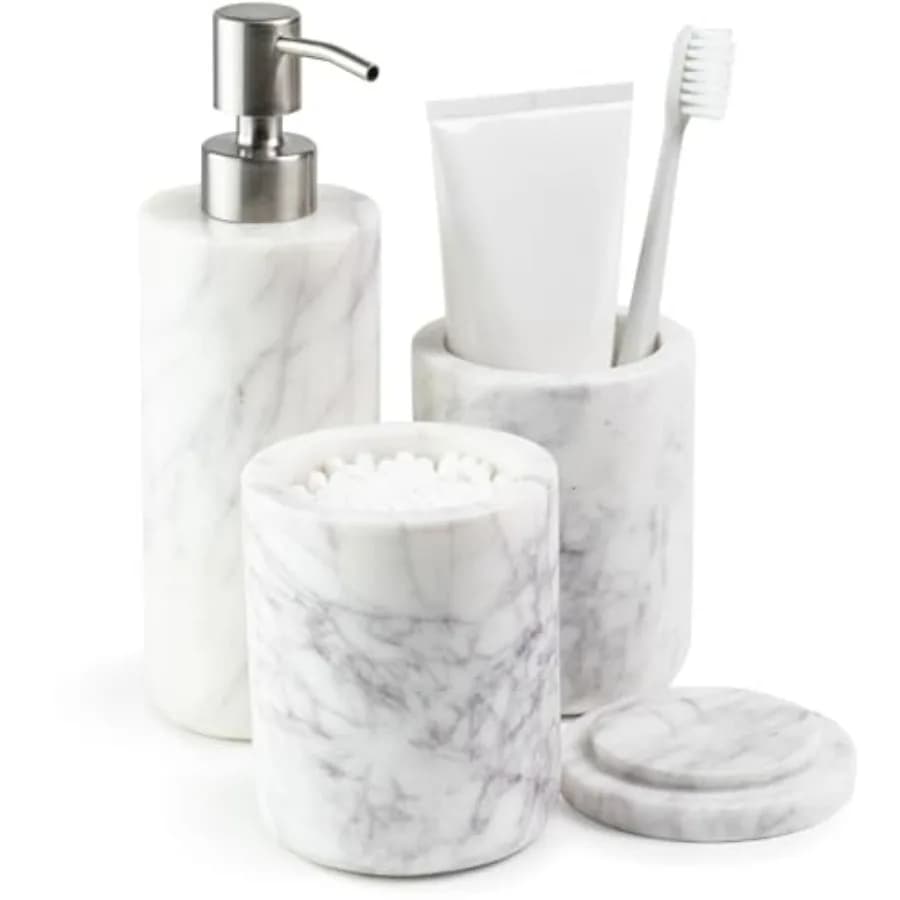 Set di accessori da bagno in marmo bianco con dispenser di sapone in sughero, portaspazzolino e coperchio contenitore Qtips per bancone Vanity
