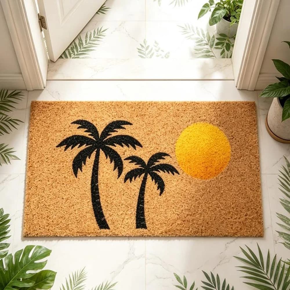 Tropical Palm Tree Sunset Doormat Minimalist Boho Beach Welcome Mat Natural Outdoor Entry Coir Rug Coastal Front Porch Decor