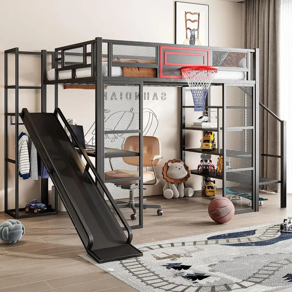 Letto a soppalco in metallo a grandezza naturale con scrivania, armadio, canestro da basket, scivolo e scala - Salvaspazio per bambini e famiglie (Nero)