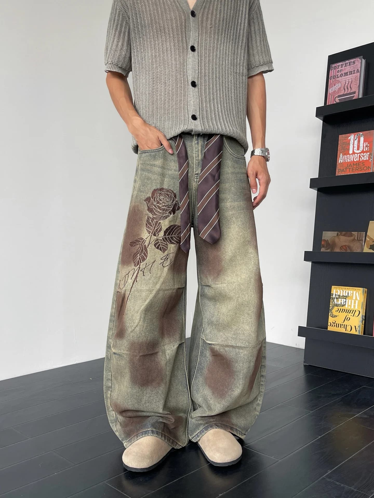 American Hip Hop Distressed Wide Leg Jeans Men's Street Dance Trendy Brand Silhouette Small Heavy Wash Denim Pants